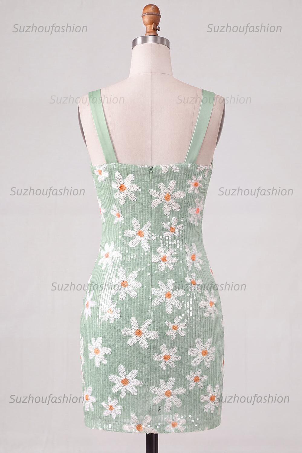 Suzhoufashion Floral Green Sequins Tight Ruched Short Homecoming Dress