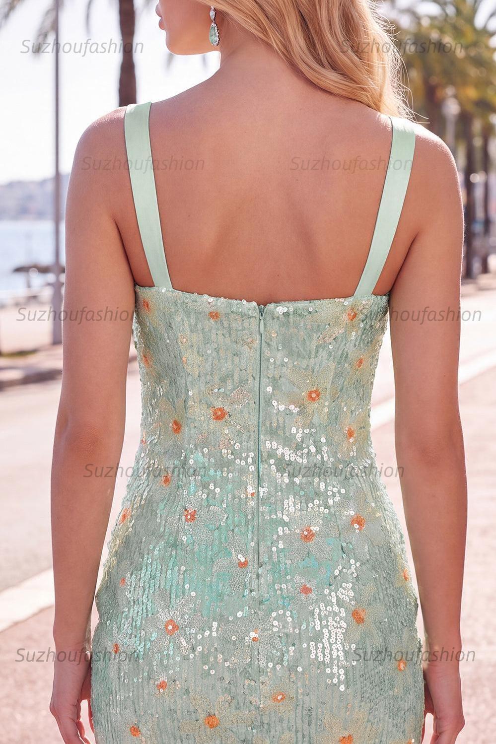 Suzhoufashion Floral Green Sequins Tight Ruched Short Homecoming Dress