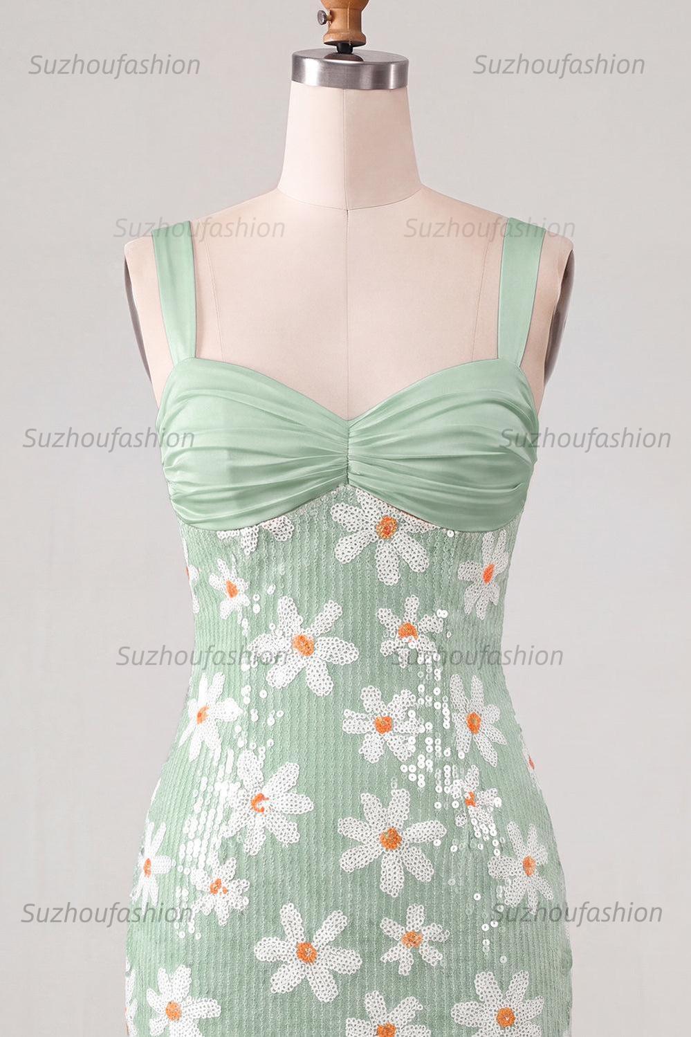 Suzhoufashion Floral Green Sequins Tight Ruched Short Homecoming Dress