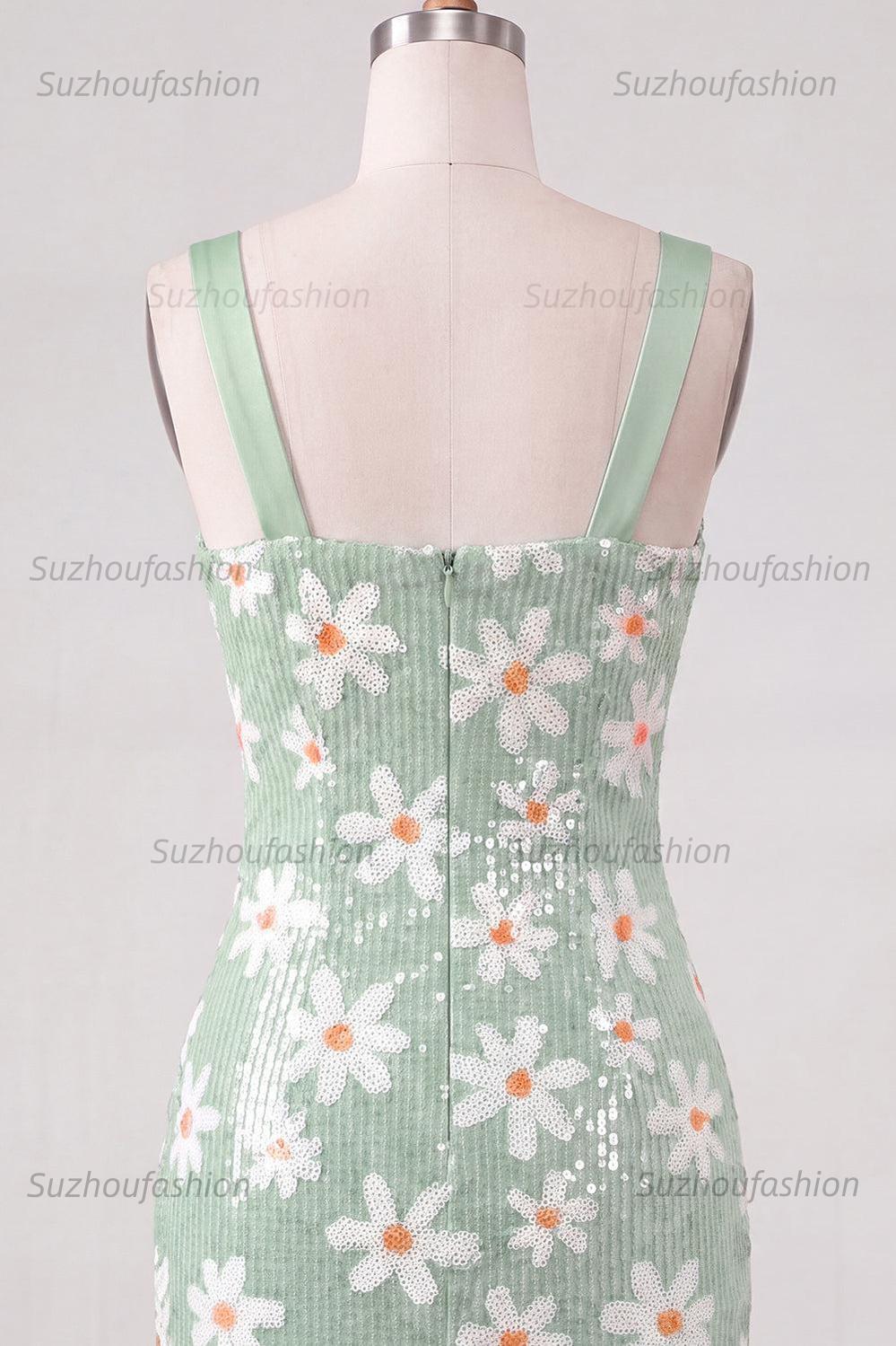 Suzhoufashion Floral Green Sequins Tight Ruched Short Homecoming Dress