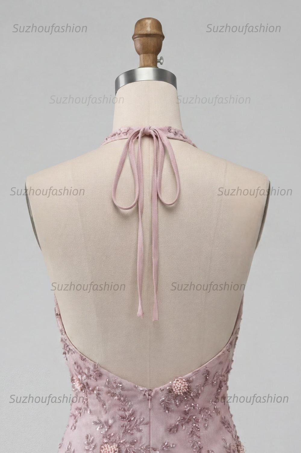 Suzhoufashion Floral Halter Fog Tight Short Beaded Homecoming Dress