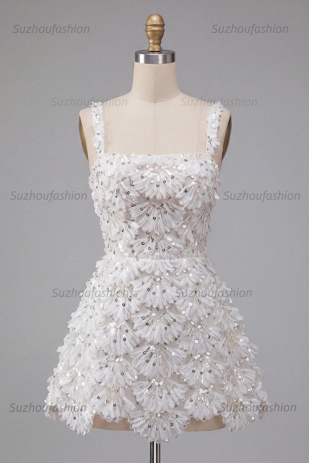 Suzhoufashion Floral Ivory Sequin Tight Short A-Line Homecoming Dress