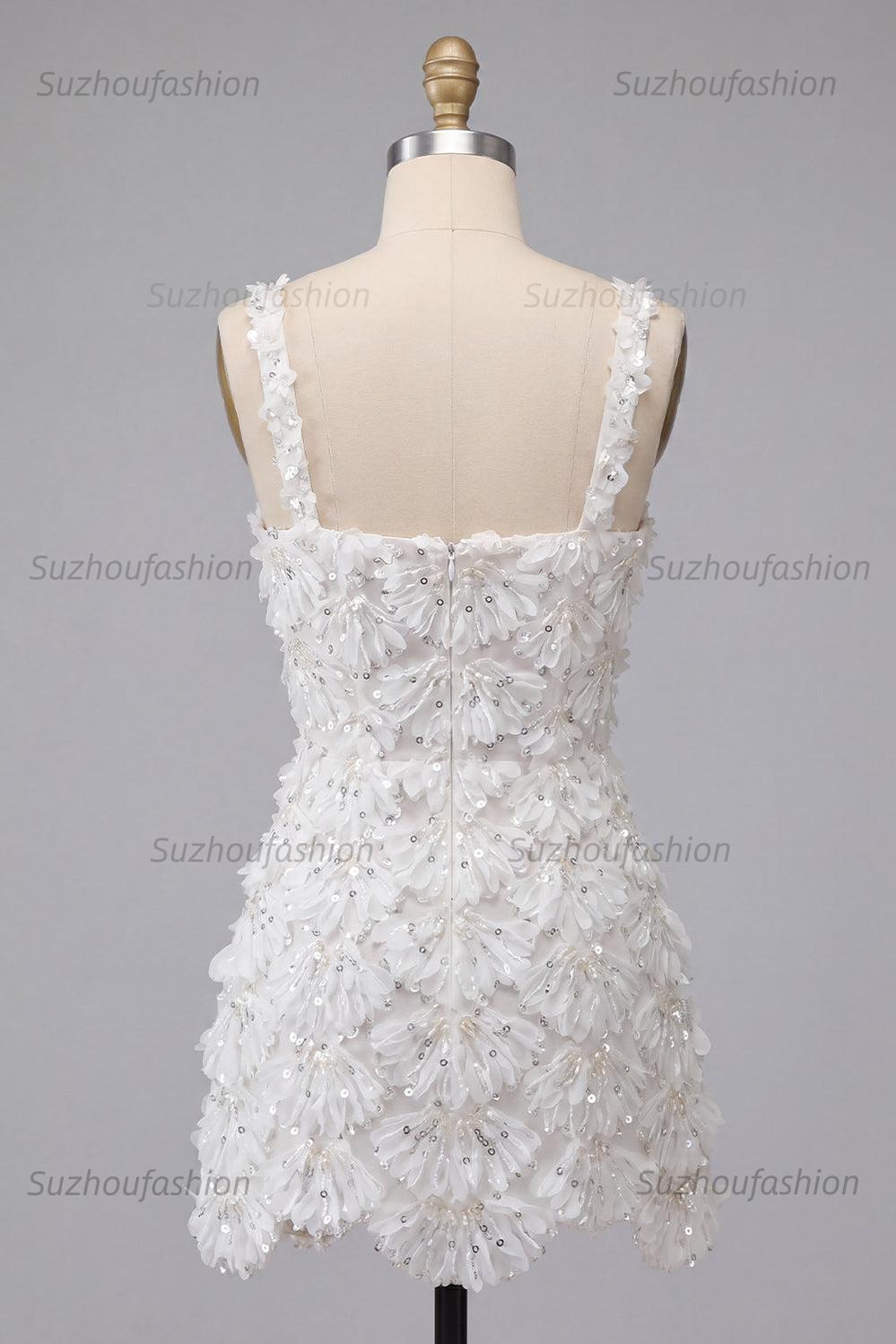 Suzhoufashion Floral Ivory Sequin Tight Short A-Line Homecoming Dress