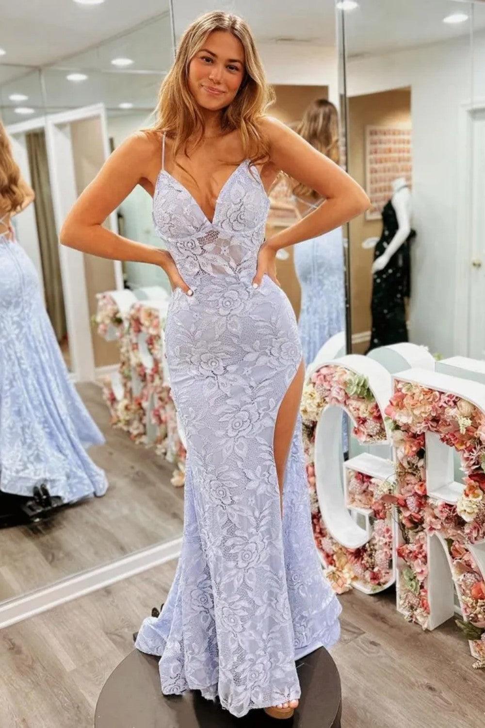 Suzhoufashion Floral Lavender Lace Spaghetti Straps Lace Up Prom Gown With Slit Formal Evening Gown