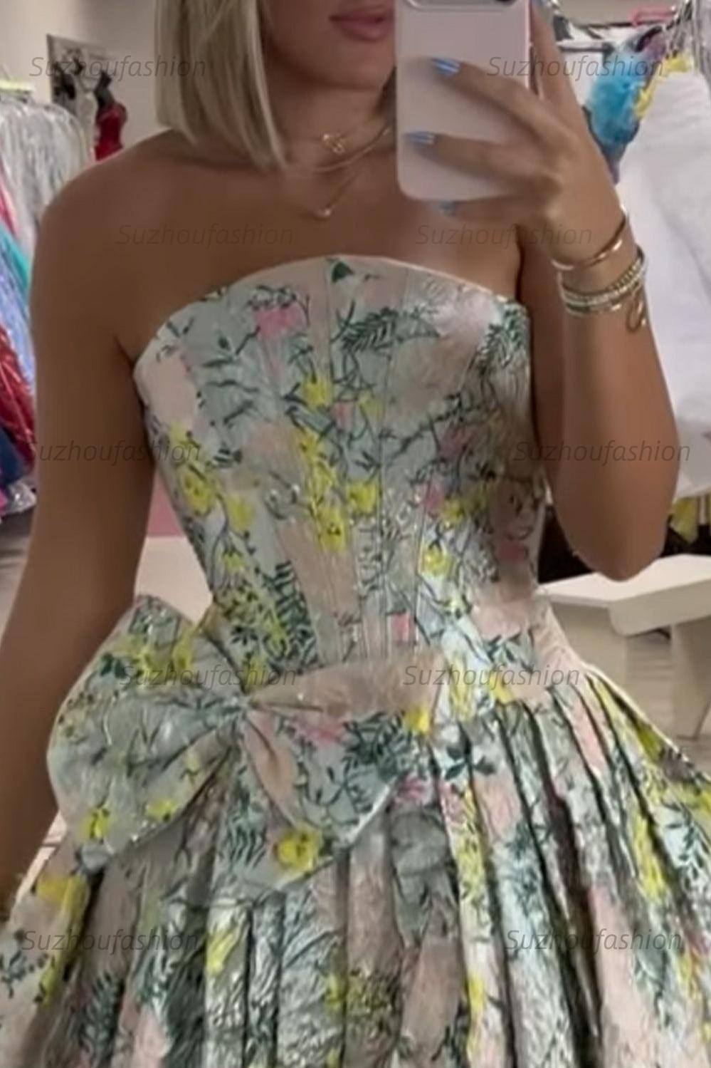 Suzhoufashion Floral Light Green Corset Strapless Short Homecoming Dress with Bow