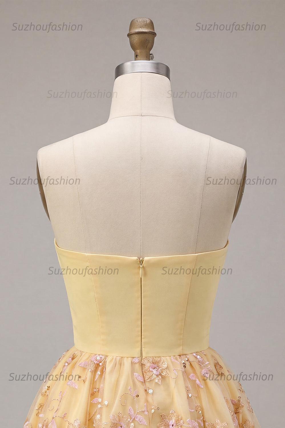 Suzhoufashion Floral Light Yellow A-Line Sequin Short Homecoming Dress