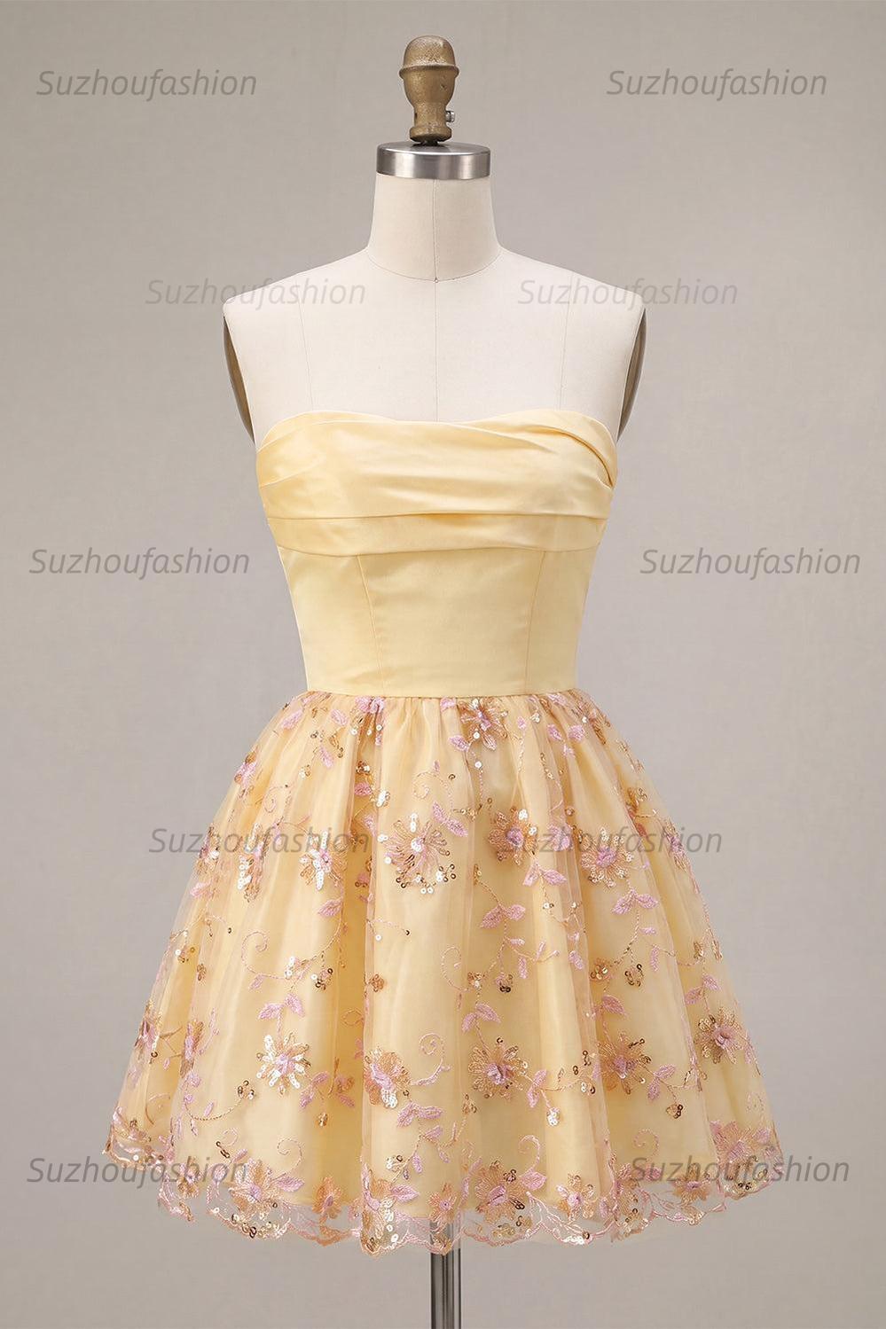 Suzhoufashion Floral Light Yellow A-Line Sequin Short Homecoming Dress
