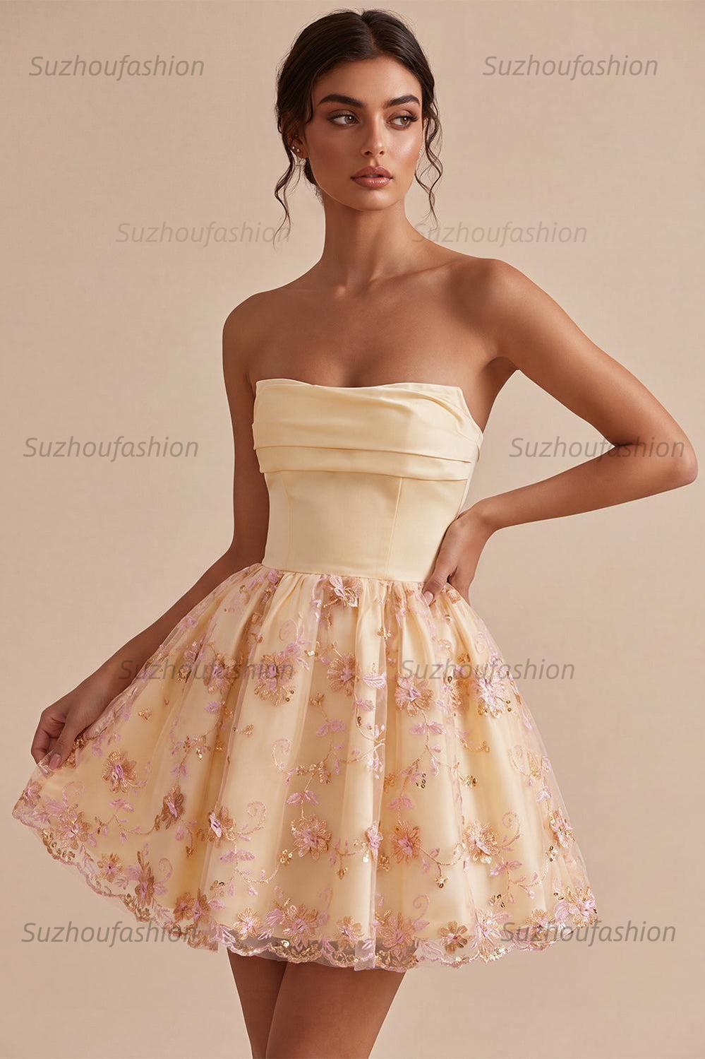Suzhoufashion Floral Light Yellow A-Line Sequin Short Homecoming Dress