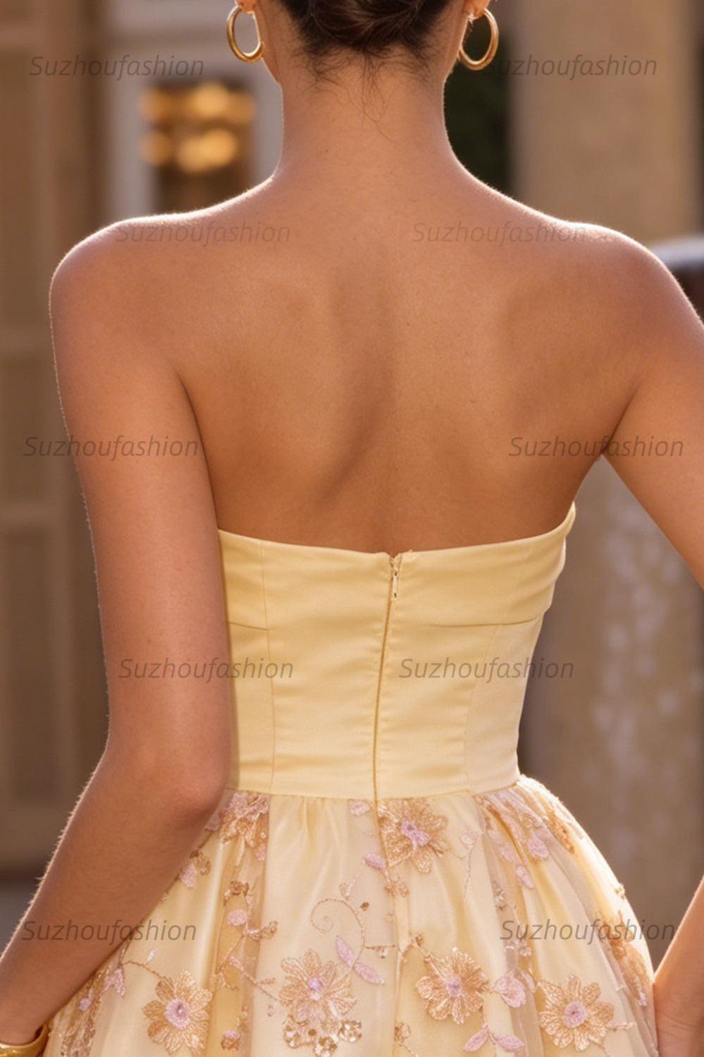 Suzhoufashion Floral Light Yellow A-Line Sequin Short Homecoming Dress