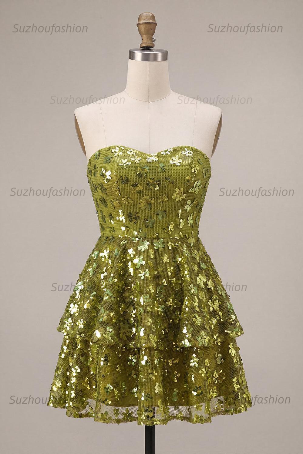 Suzhoufashion Floral Olive Sweetheart Sequin A Line Ruffled Short Homecoming Dress