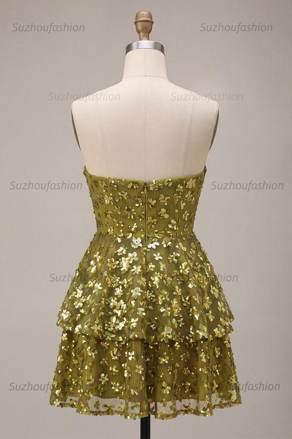 Suzhoufashion Floral Olive Sweetheart Sequin A Line Ruffled Short Homecoming Dress