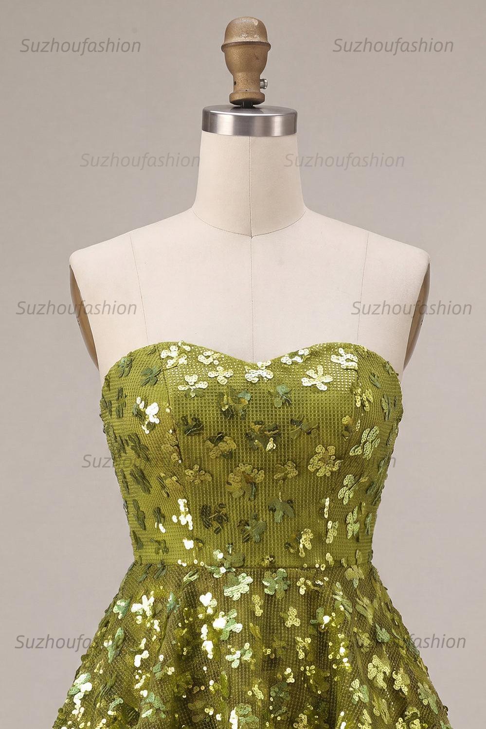 Suzhoufashion Floral Olive Sweetheart Sequin A Line Ruffled Short Homecoming Dress