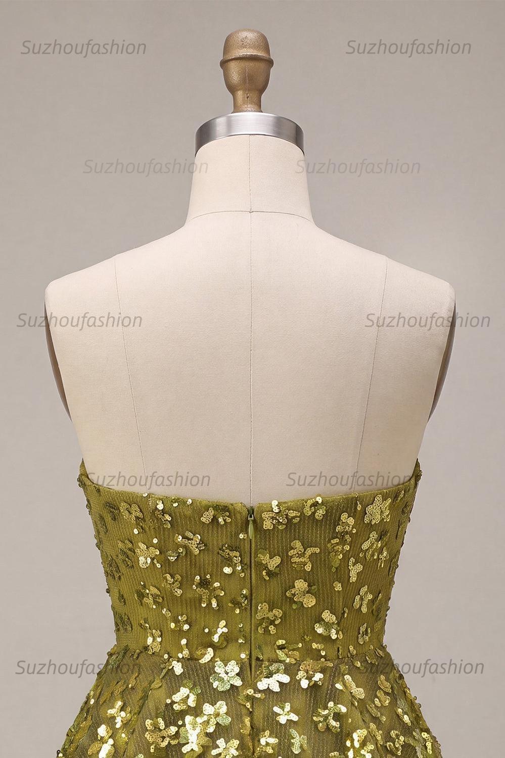 Suzhoufashion Floral Olive Sweetheart Sequin A Line Ruffled Short Homecoming Dress