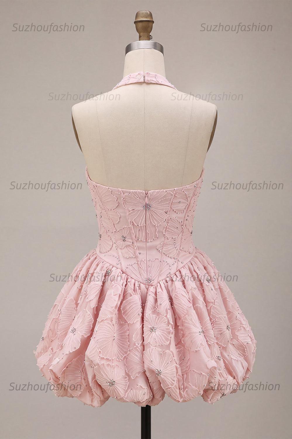 Suzhoufashion Floral Pink A-Line Beaded Short Corset Homecoming Dress