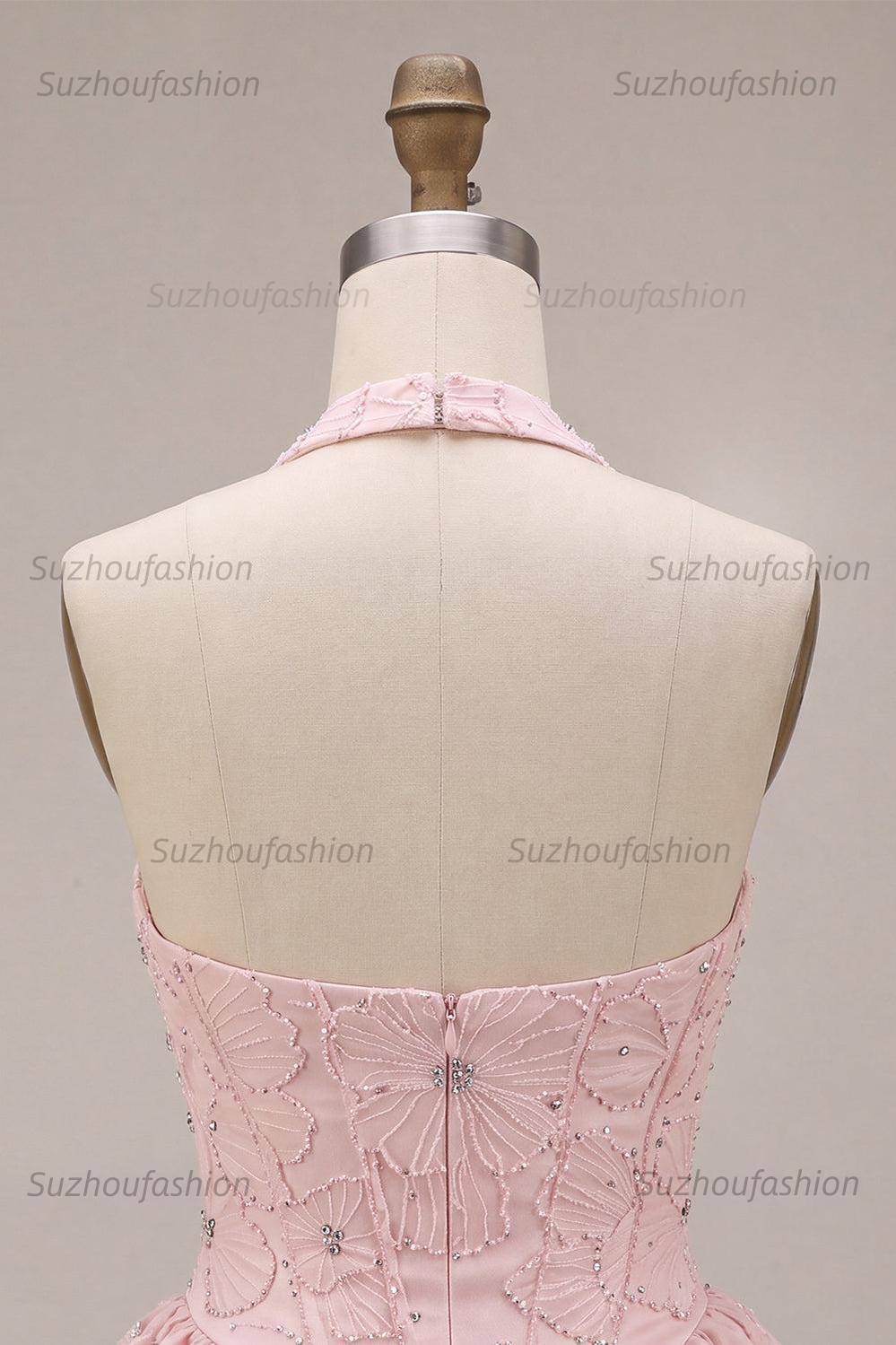 Suzhoufashion Floral Pink A-Line Beaded Short Corset Homecoming Dress