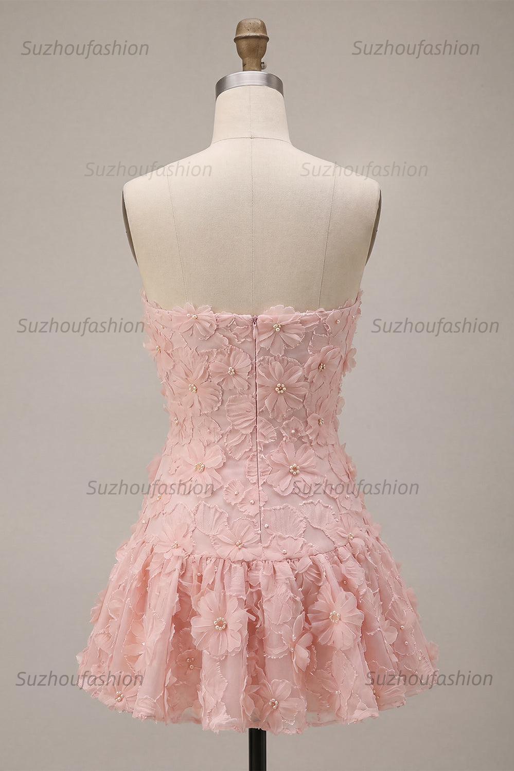 Suzhoufashion Floral Pink A-Line Beaded Short Homecoming Dress