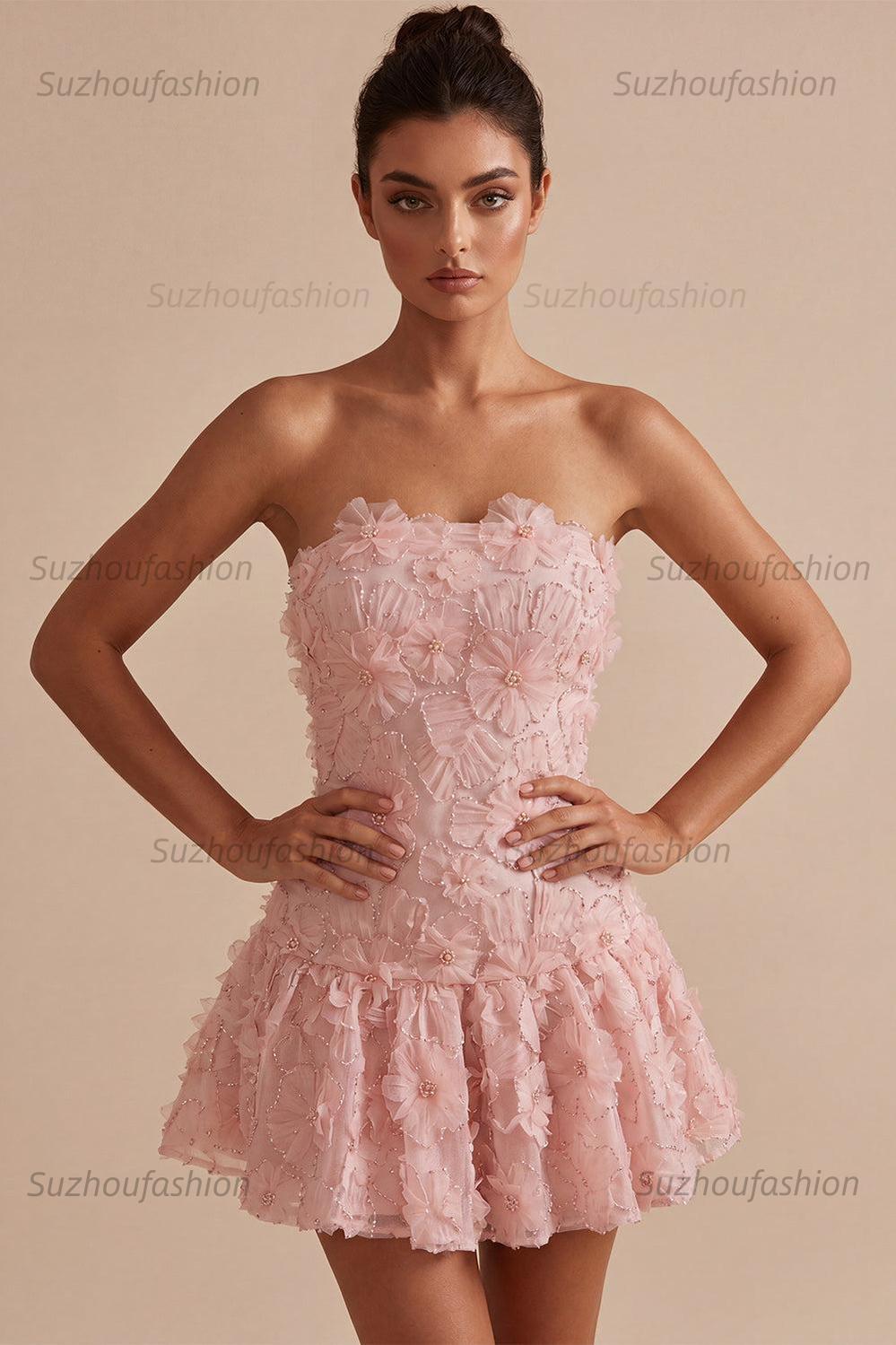 Suzhoufashion Floral Pink A-Line Beaded Short Homecoming Dress