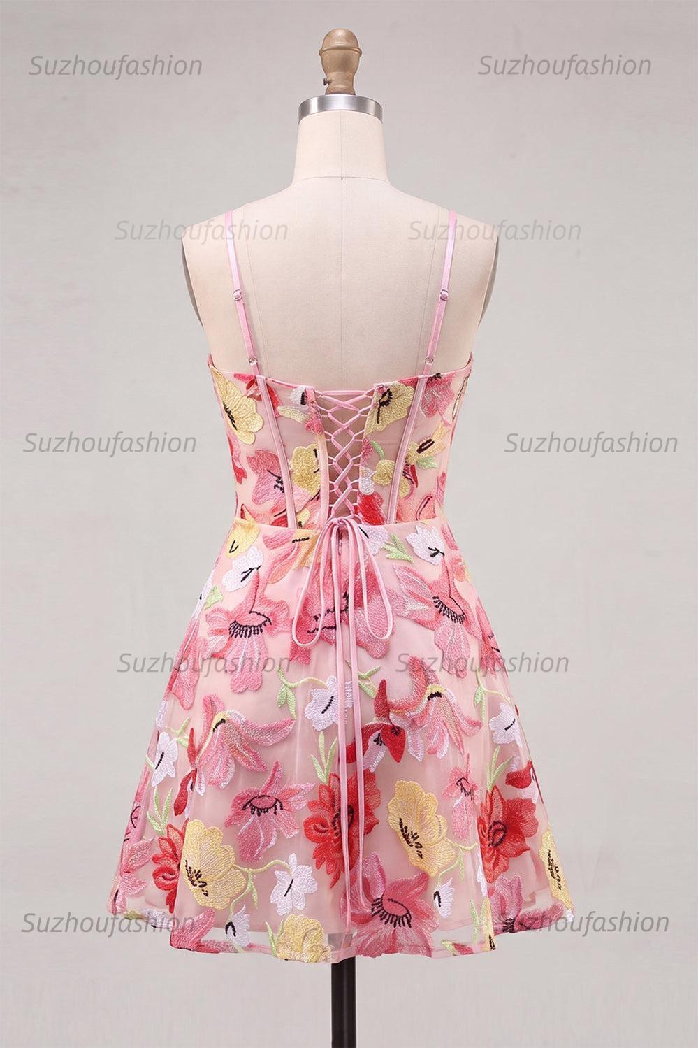 Suzhoufashion Floral Pink A Line Corset Short Homecoming Dress with Bow