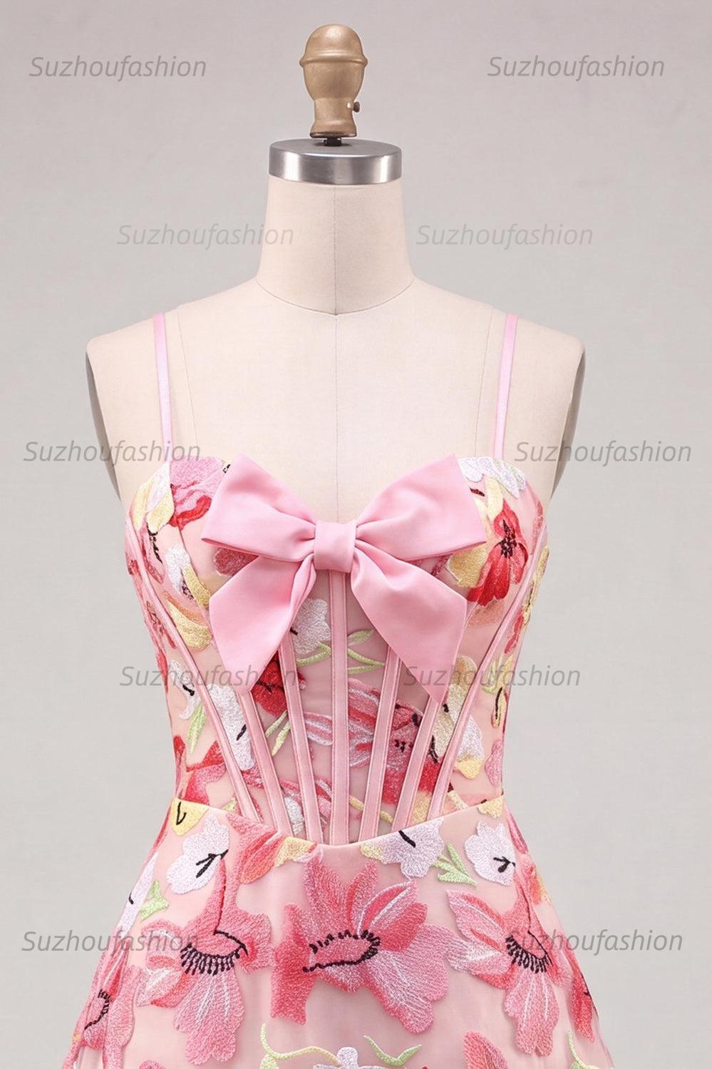 Suzhoufashion Floral Pink A Line Corset Short Homecoming Dress with Bow