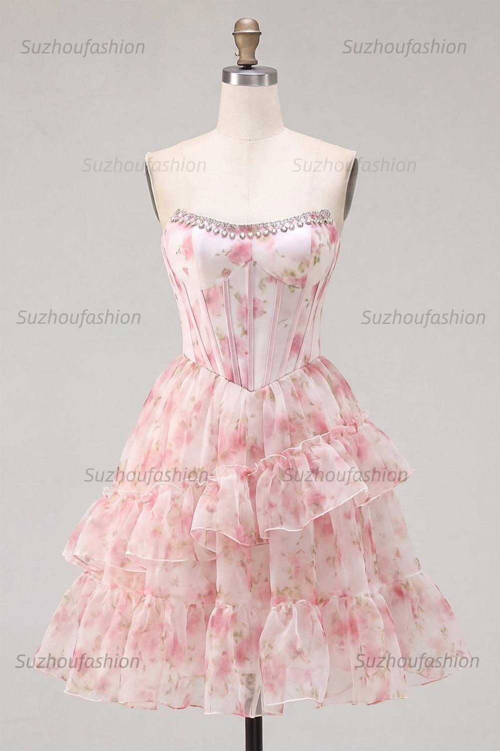 Suzhoufashion Floral Pink Beaded Short Corset Homecoming Dress with Ruffles