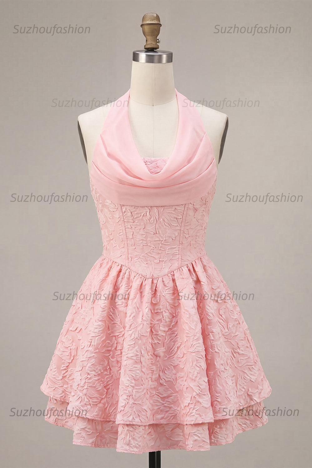 Suzhoufashion Floral Pink Halter Jacquard A-Line Short Homecoming Dress