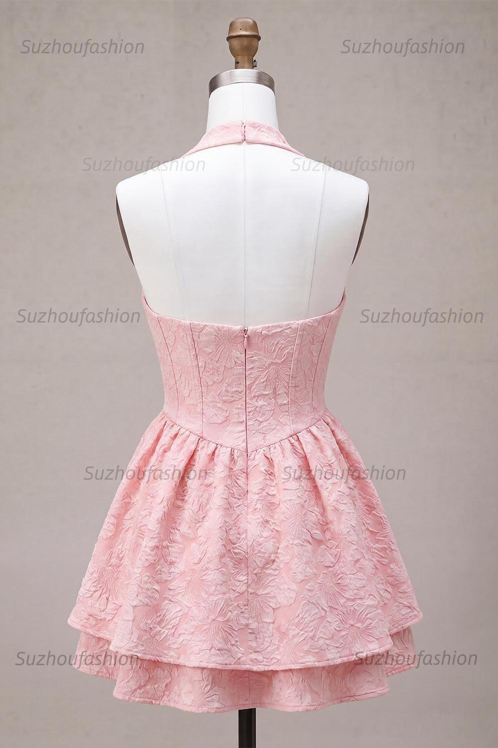 Suzhoufashion Floral Pink Halter Jacquard A-Line Short Homecoming Dress