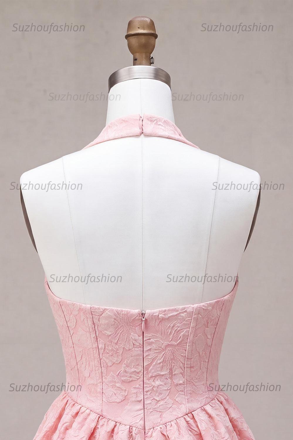Suzhoufashion Floral Pink Halter Jacquard A-Line Short Homecoming Dress