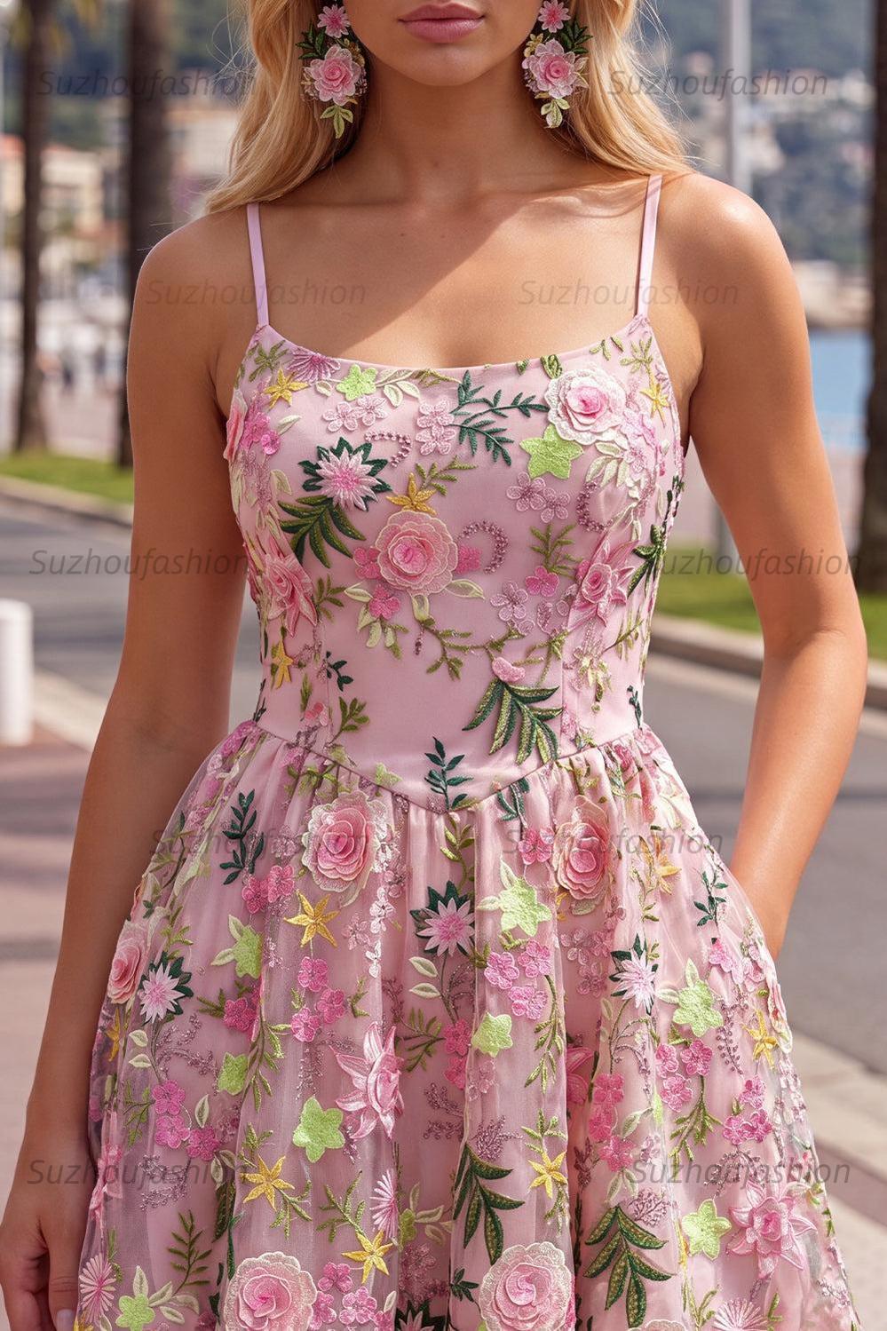 Suzhoufashion Floral Pink Spaghetti Strap A-Line Short Homecoming Dress with Pockets