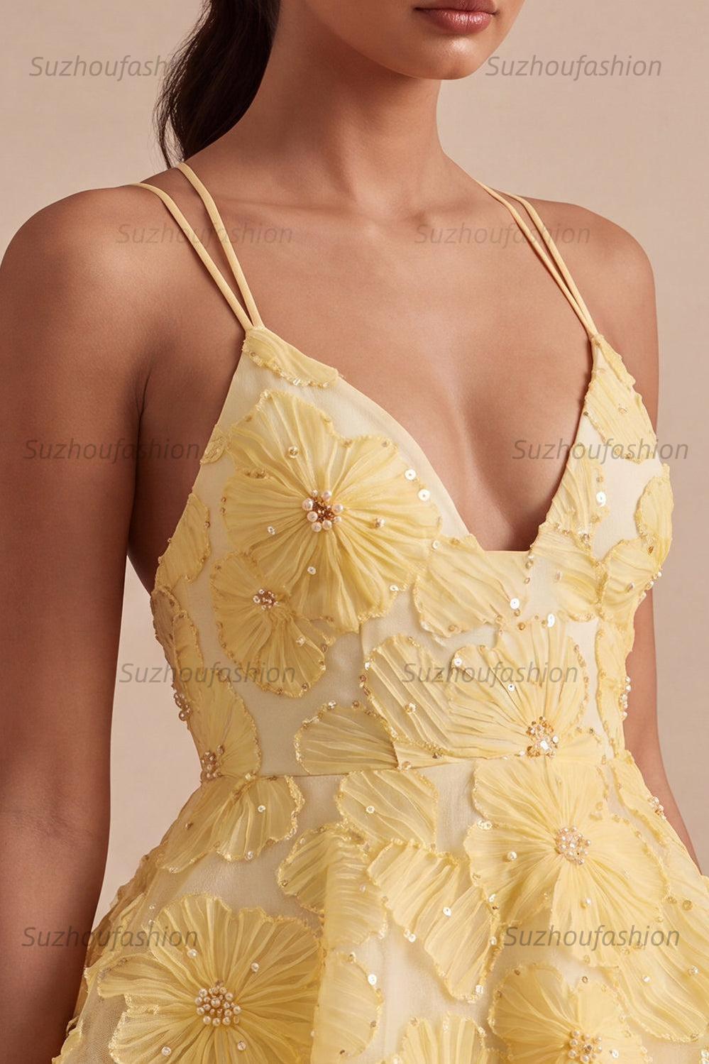 Suzhoufashion Floral Ruffled Light Yellow A Line Beaded Tiered Short Homecoming Dress