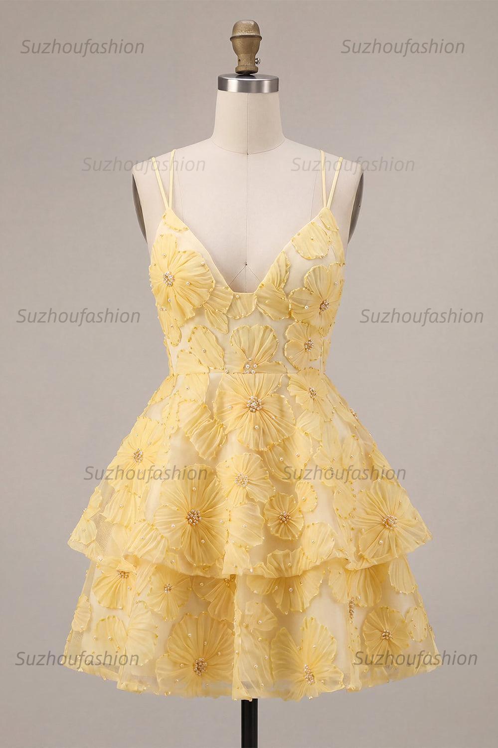 Suzhoufashion Floral Ruffled Light Yellow A Line Beaded Tiered Short Homecoming Dress