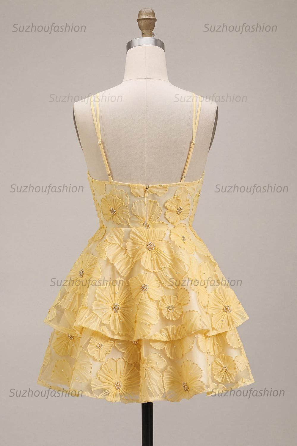 Suzhoufashion Floral Ruffled Light Yellow A Line Beaded Tiered Short Homecoming Dress