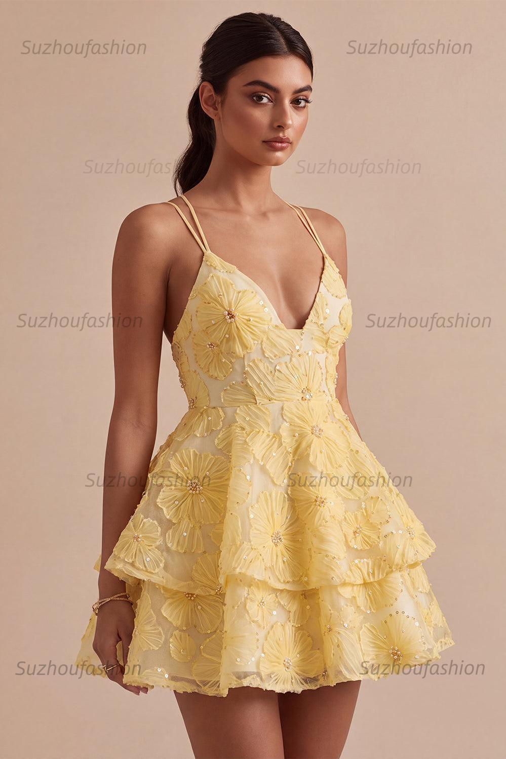 Suzhoufashion Floral Ruffled Light Yellow A Line Beaded Tiered Short Homecoming Dress