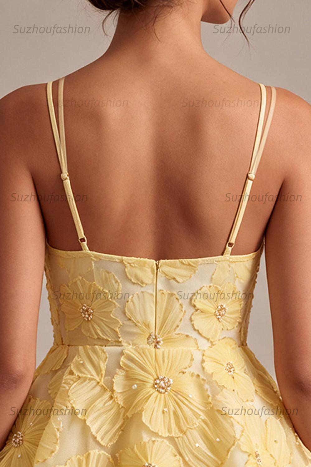 Suzhoufashion Floral Ruffled Light Yellow A Line Beaded Tiered Short Homecoming Dress