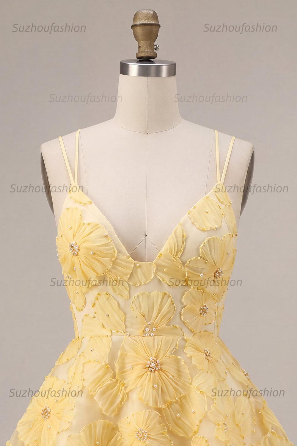 Suzhoufashion Floral Ruffled Light Yellow A Line Beaded Tiered Short Homecoming Dress