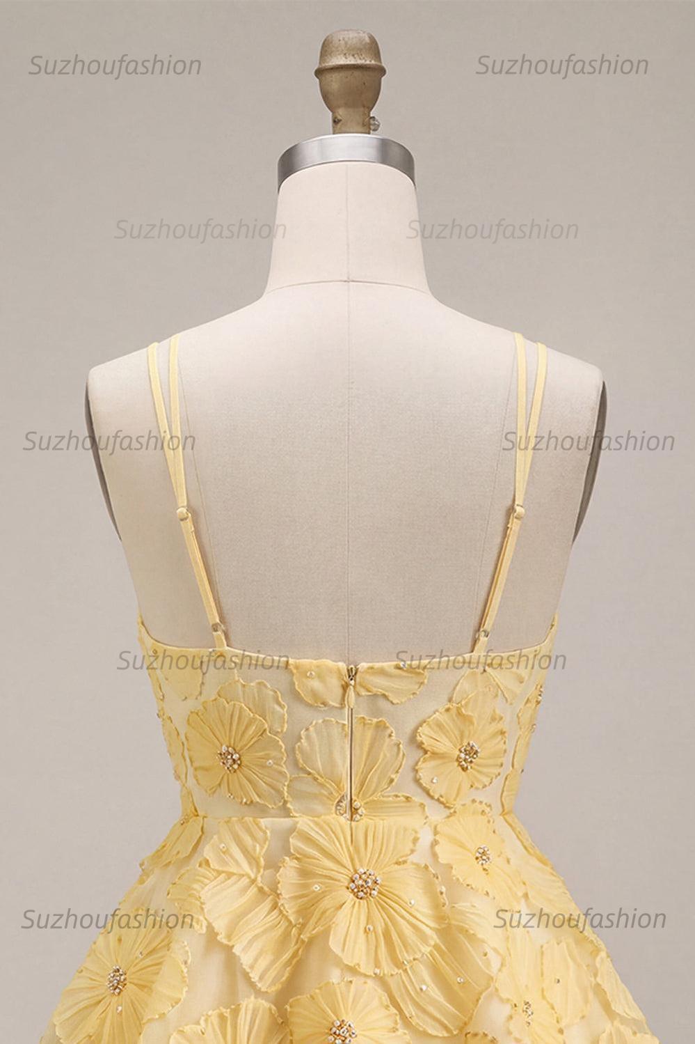 Suzhoufashion Floral Ruffled Light Yellow A Line Beaded Tiered Short Homecoming Dress