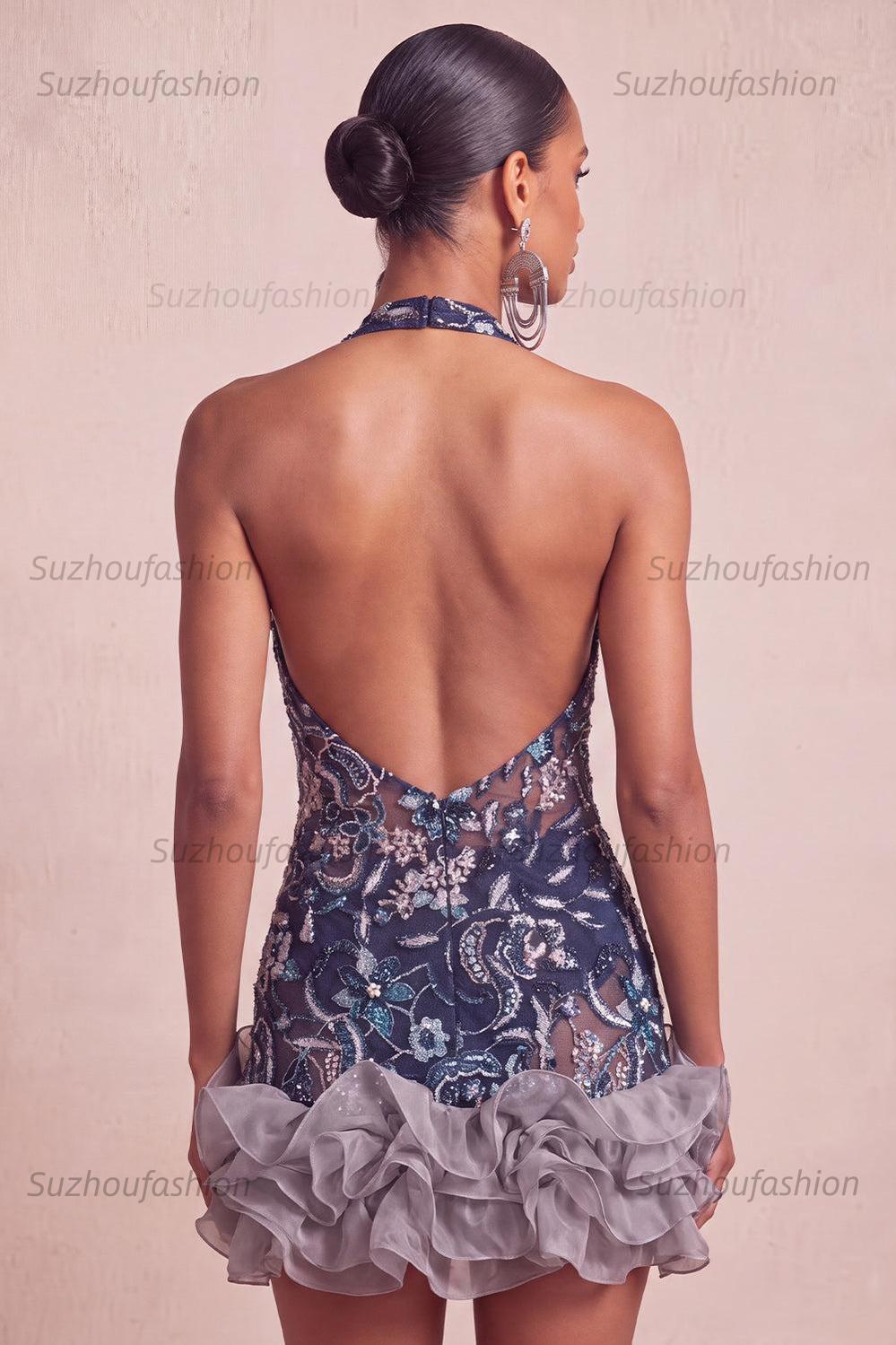 Suzhoufashion Floral Ruffled Navy Tight Halter Beaded Short Homecoming Dress