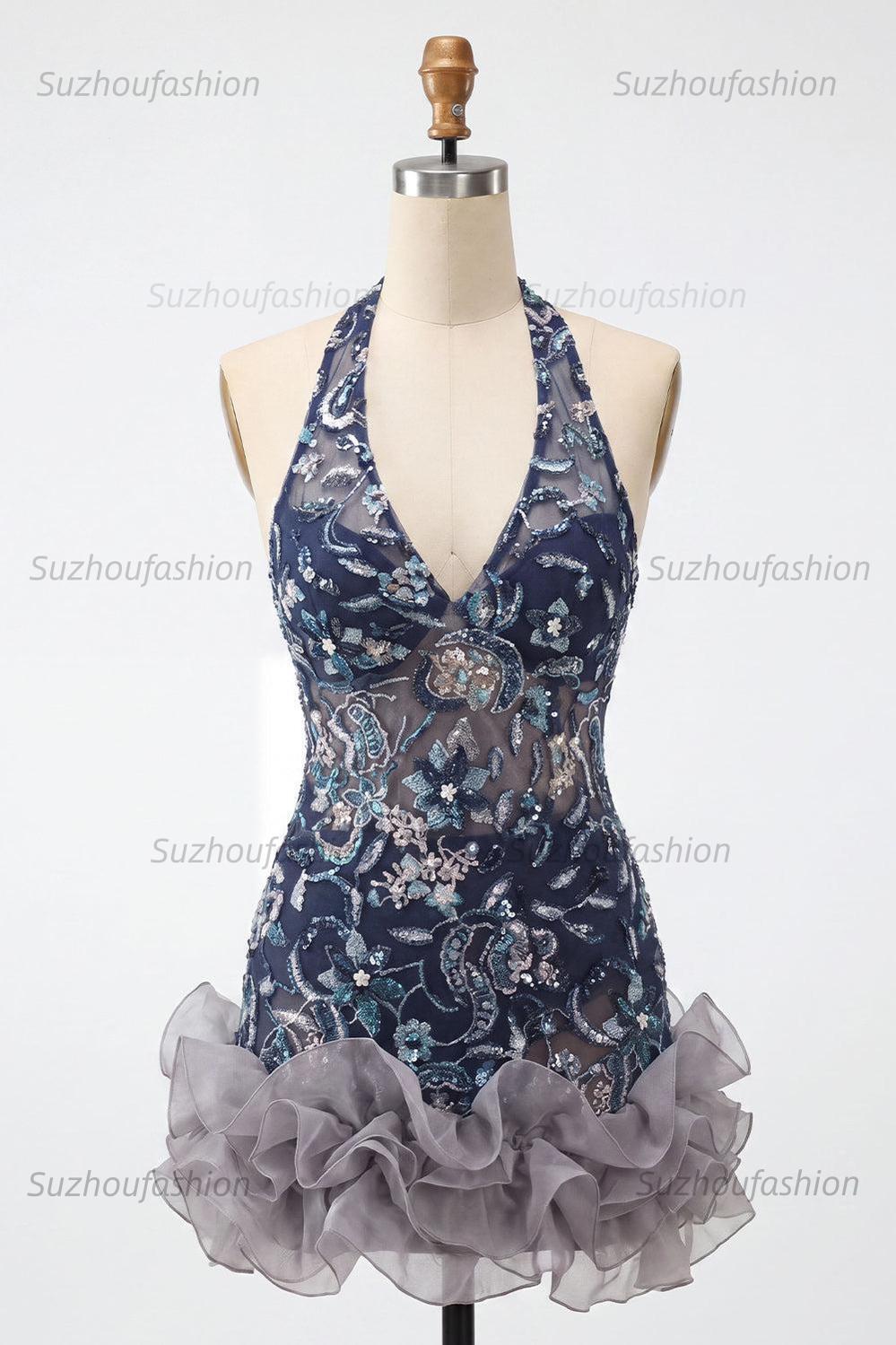 Suzhoufashion Floral Ruffled Navy Tight Halter Beaded Short Homecoming Dress
