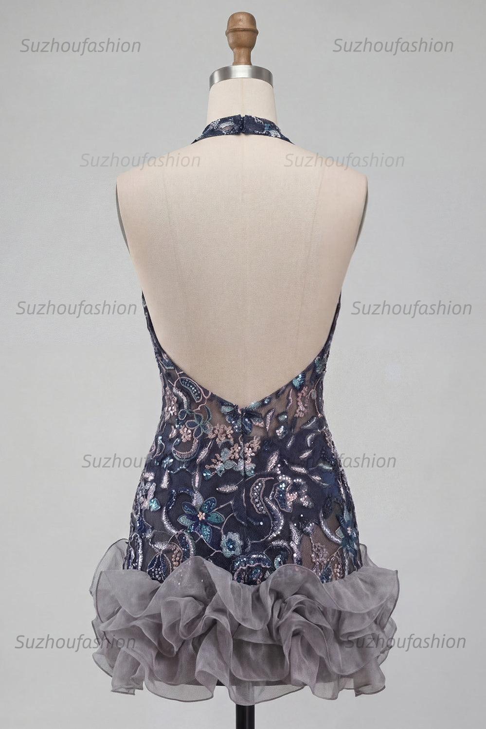 Suzhoufashion Floral Ruffled Navy Tight Halter Beaded Short Homecoming Dress