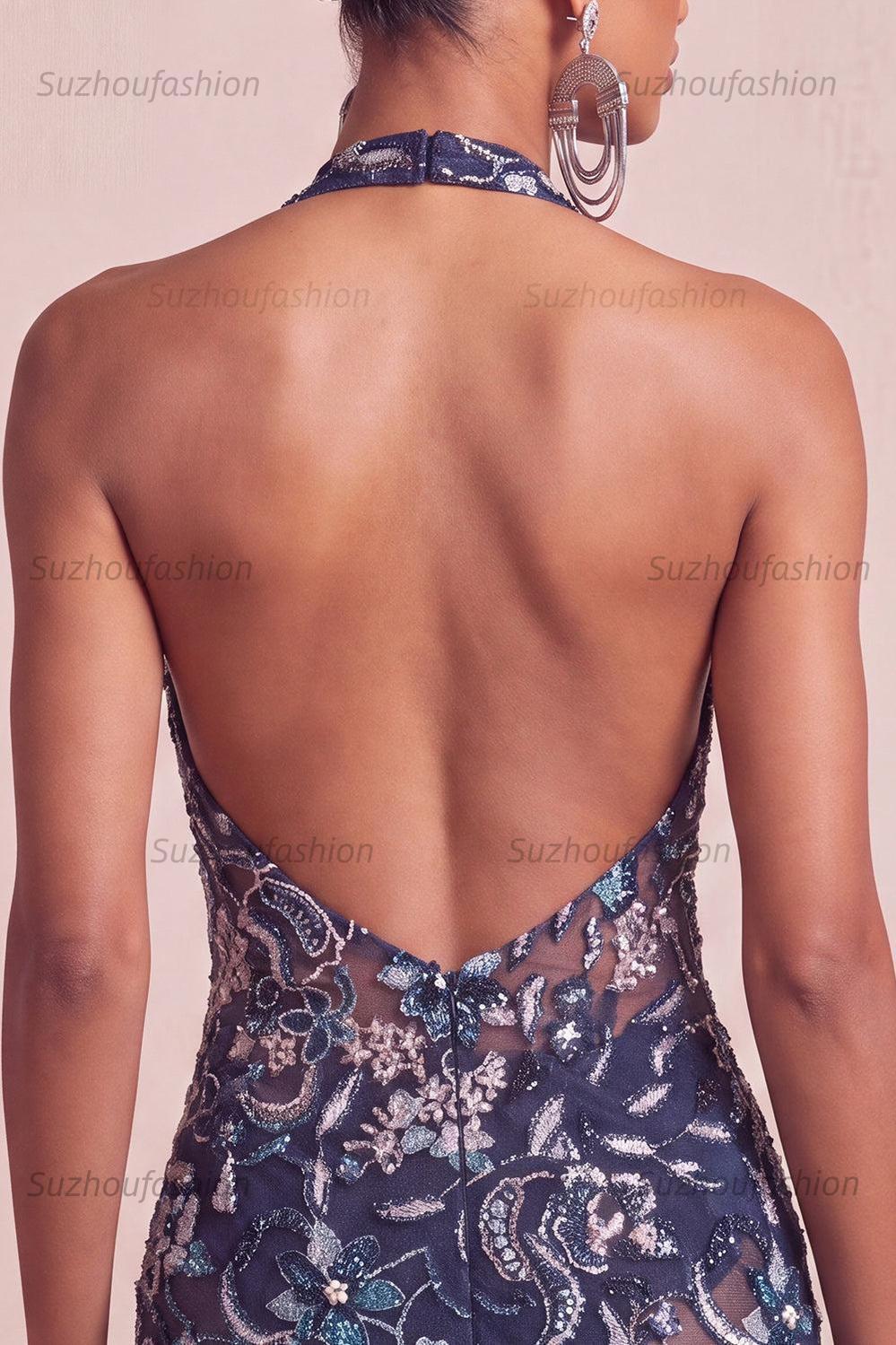 Suzhoufashion Floral Ruffled Navy Tight Halter Beaded Short Homecoming Dress