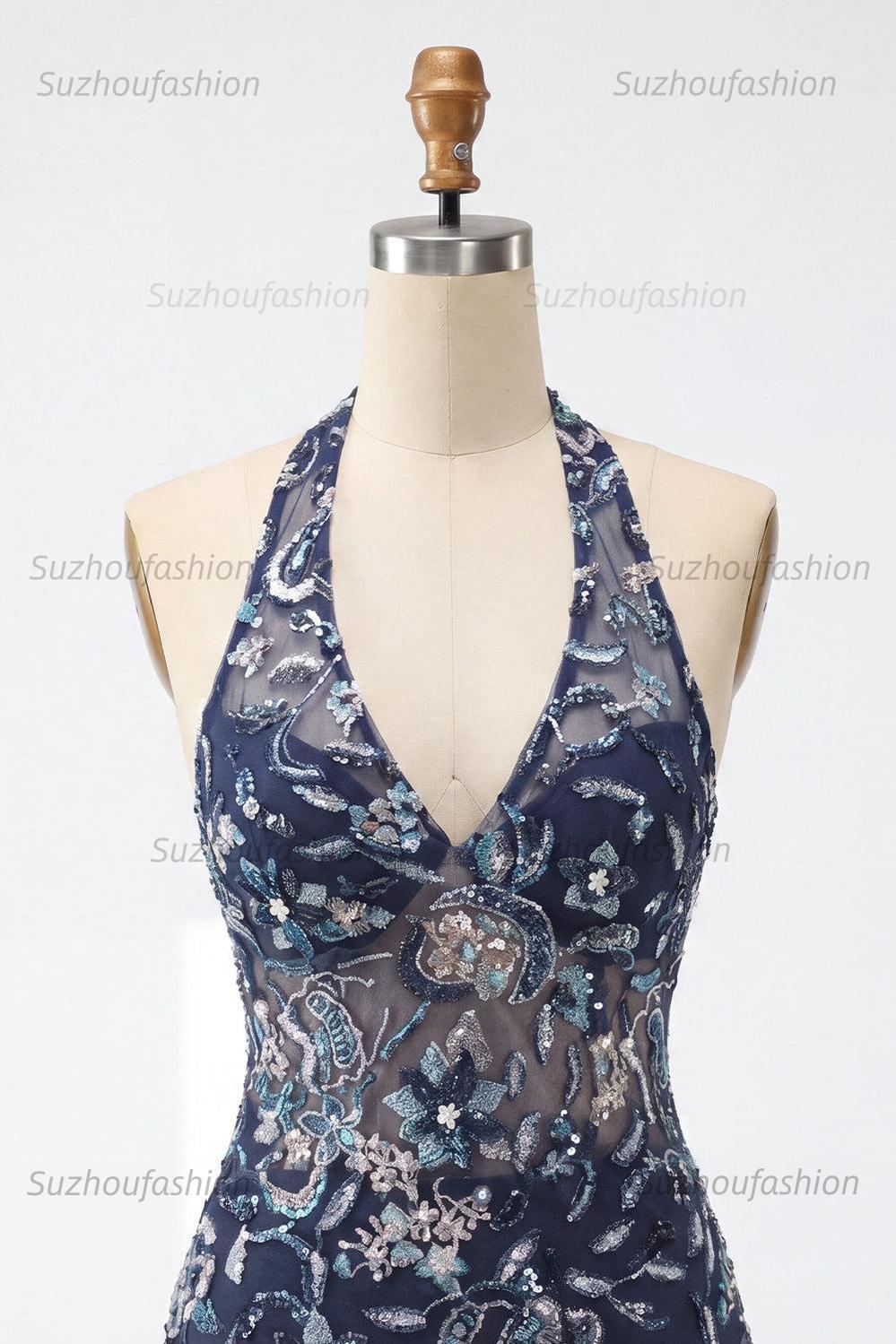 Suzhoufashion Floral Ruffled Navy Tight Halter Beaded Short Homecoming Dress
