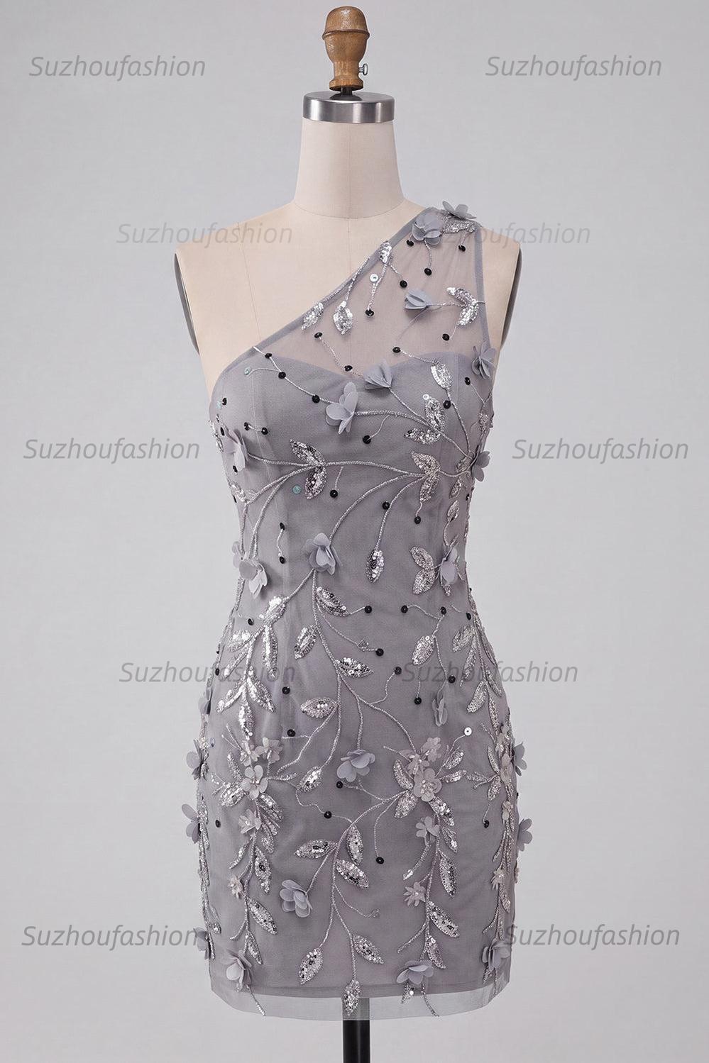 Suzhoufashion Floral Sequins Grey One Shoulder Tight Short Homecoming Dress
