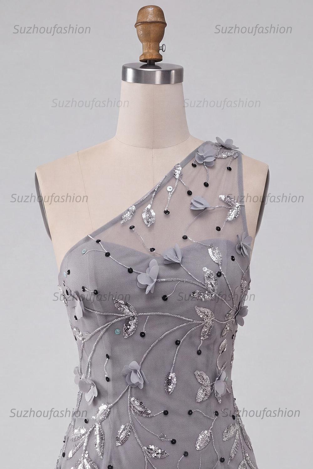 Suzhoufashion Floral Sequins Grey One Shoulder Tight Short Homecoming Dress