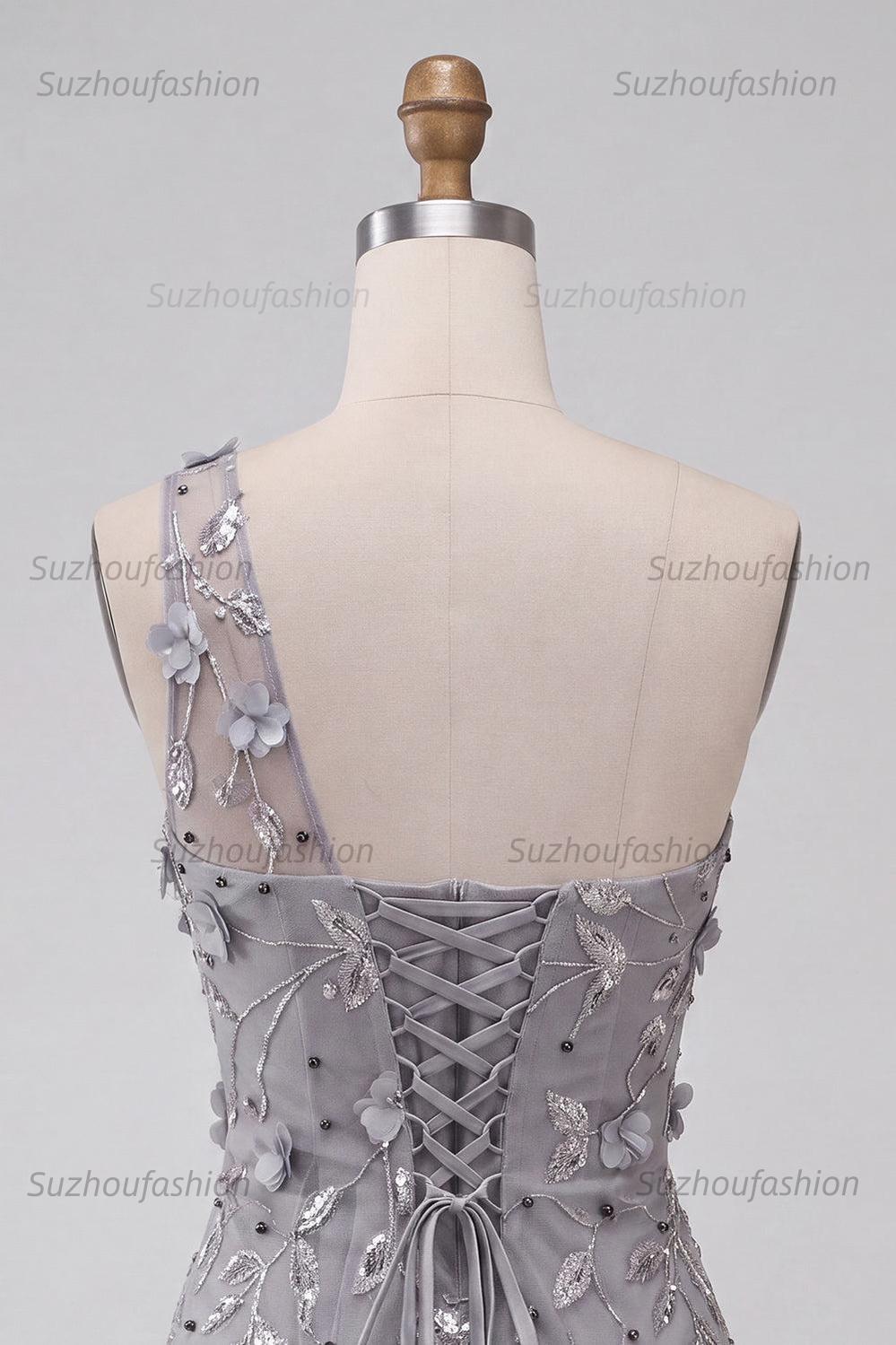 Suzhoufashion Floral Sequins Grey One Shoulder Tight Short Homecoming Dress