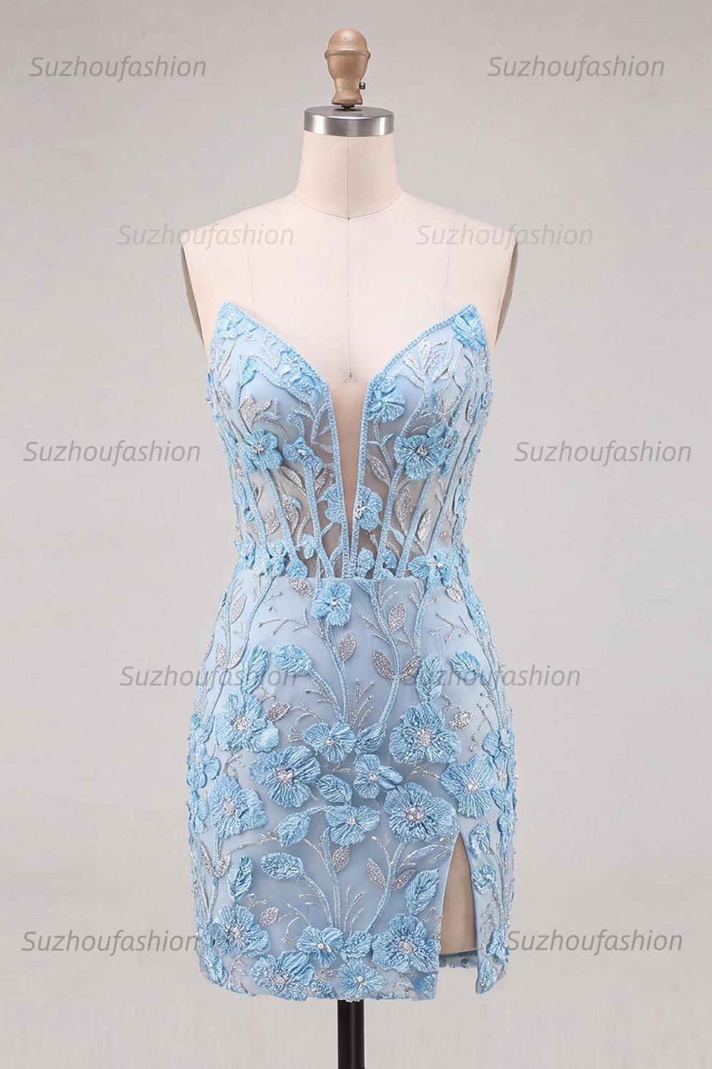 Suzhoufashion Floral Sky Blue Lace Tight Corset Short Homecoming Dress with Slit