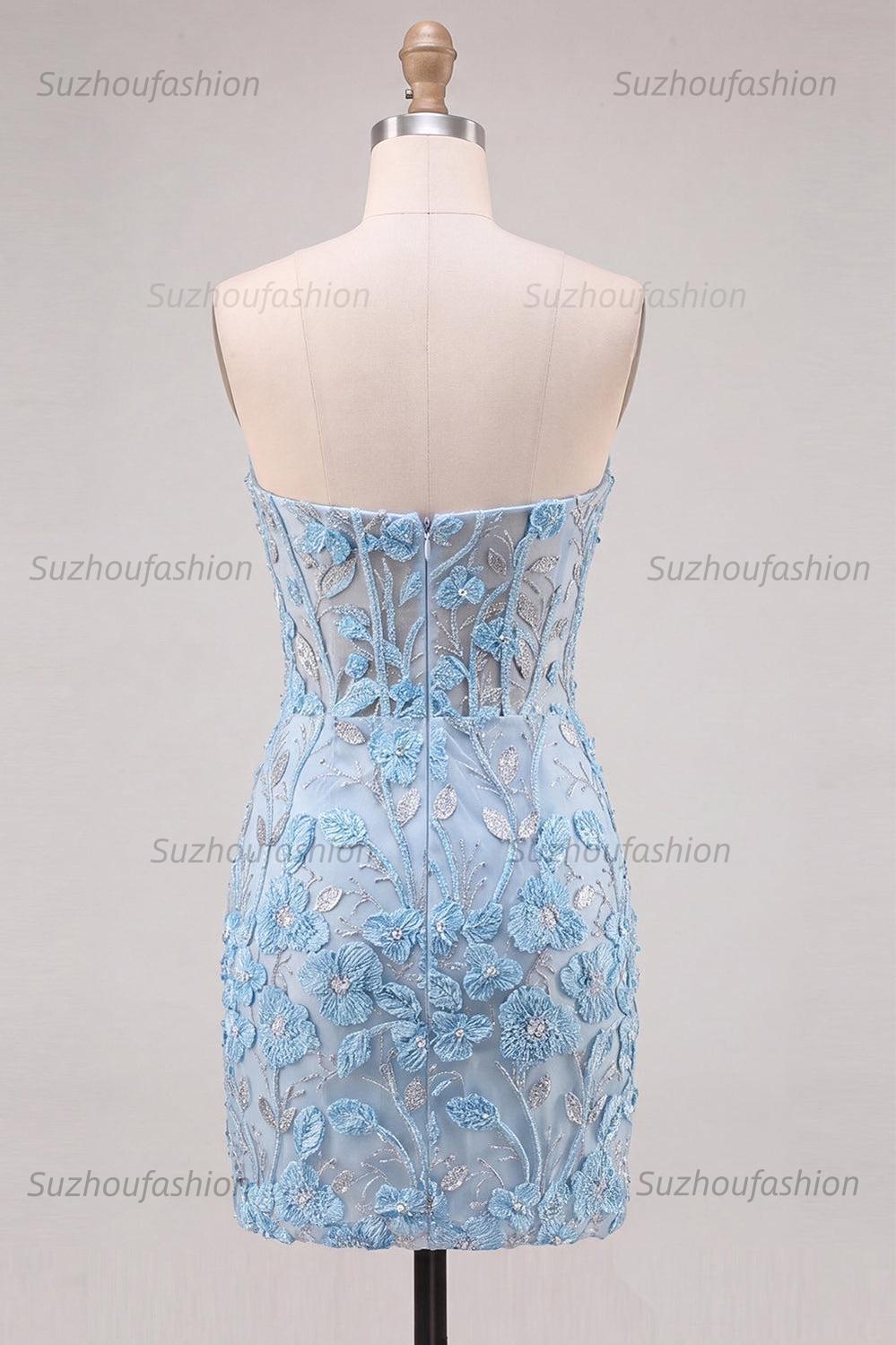Suzhoufashion Floral Sky Blue Lace Tight Corset Short Homecoming Dress with Slit