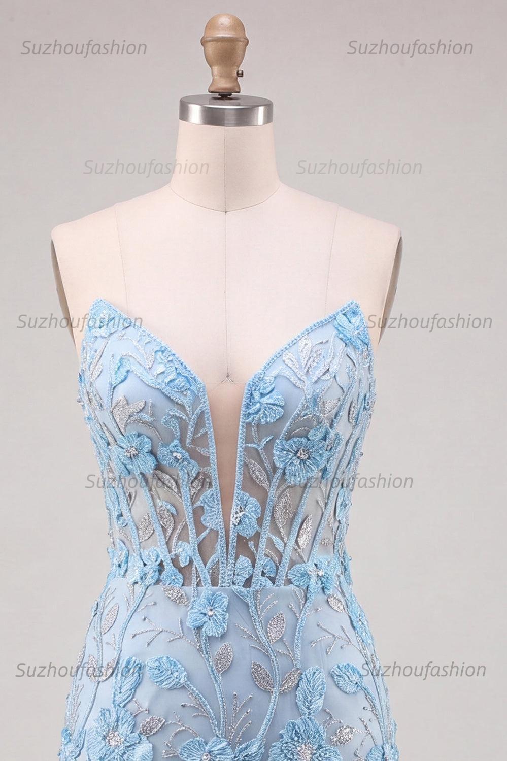 Suzhoufashion Floral Sky Blue Lace Tight Corset Short Homecoming Dress with Slit