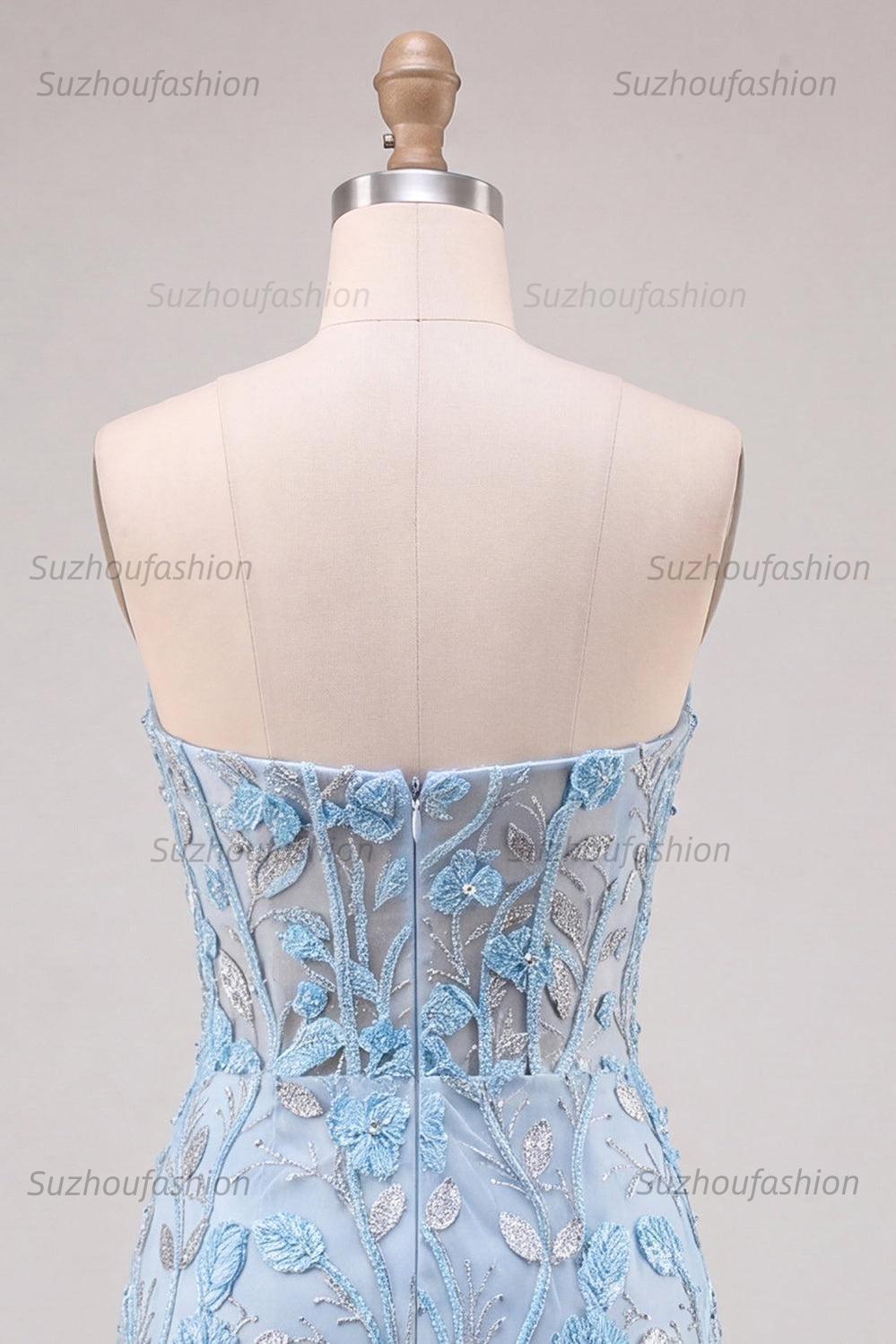 Suzhoufashion Floral Sky Blue Lace Tight Corset Short Homecoming Dress with Slit