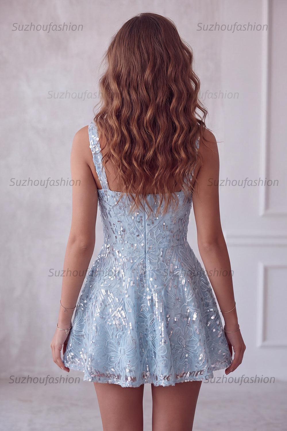 Suzhoufashion Floral Sky Blue Sequin A-Line Short Homecoming Dress with Bow