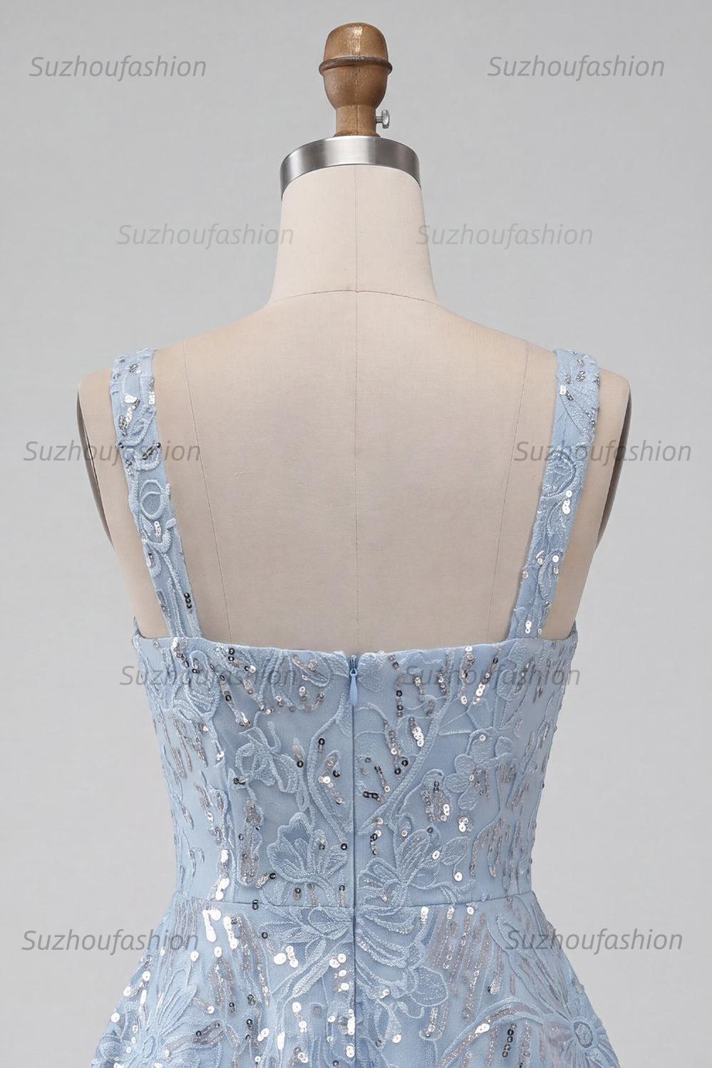 Suzhoufashion Floral Sky Blue Sequin A-Line Short Homecoming Dress with Bow