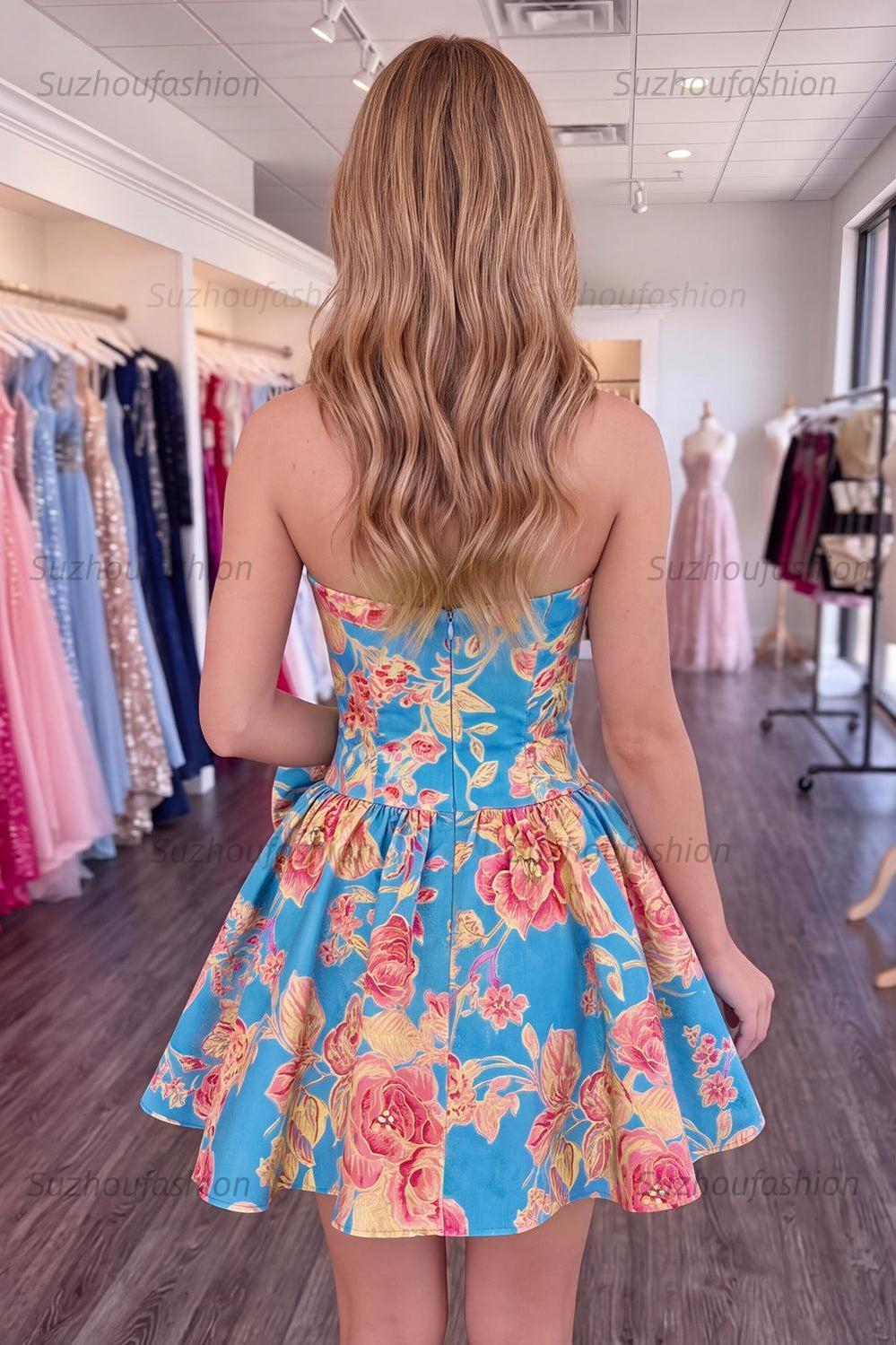 Suzhoufashion Floral Strapless Blue A-Line Short Homecoming Dress with Bow
